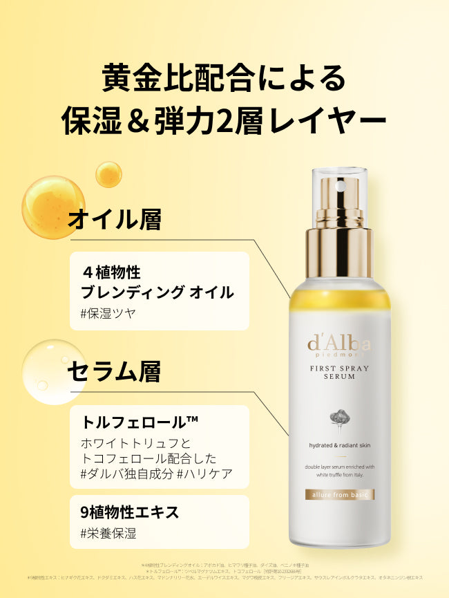 黄金比配合による
保湿＆弾力2層レイヤー

オイル層
４植物性
ブレンディング オイル
#保湿ツヤ

セラム層
トルフェロール™
ホワイトトリュフと
トコフェロール配合した
#ダルバ独自成分
#ハリケア
9植物性エキス
#栄養保湿

＊4 植物性ブレンディングオイル：アボカド油、ヒマワリ種子油、ダイズ油、ベニノキ種子油

＊トルフェロール™：ツベルマグナツムエキス、トコフェロール［特許第10-2332666号］

＊9植物性エキス：ヒナギク花エキス、ドクダミエキス、ハス花エキス、マドンナリリー花水、エーデルワイスエキス、マグワ樹皮エキス、フリージアエキス、サウスレアインボルクラタエキス、オタネニンジン根エキス




