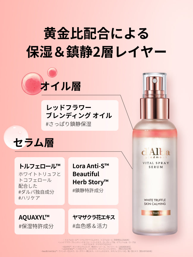 黄金比配合による
保湿＆鎮静2層レイヤー

オイル層
レッドフラワー
ブレンディング オイル
#さっぱり鎮静保湿

セラム層
トルフェロール™
ホワイトトリュフと
トコフェロール配合した
#ダルバ独自成分
#ハリケア
Lora Anti-S™
Beautiful Herb Story™
#鎮静特許成分
AQUAXYL™
#保湿特許成分
ヤマザクラ花エキス
#血色感＆活力

・トルフェロール™：ツベルマグナツムエキス、トコフェロール［特許第10-233266号］
・レッドフラワーブレンディング オイル：シコンエキス、ローズヒップ油、ゼラニウム油、ローズ油・サクラエキス：ヤマザクラ花エキス
・AQUAXYL™：キシリチルグルコシド、無水キシリトール、キシリトール［US8288353(B2)］・Lora Anti-Story™：ハス花エキス、コメエキス、ホソバニンジンエキス、［第10-1332214号］・Beautiful Herb Story™：ラベンダー花エキス、ローズマリー葉エキス、ハナハッカエキス、タチジャコウソウ花／葉／茎エキス［第10-0971655号］


