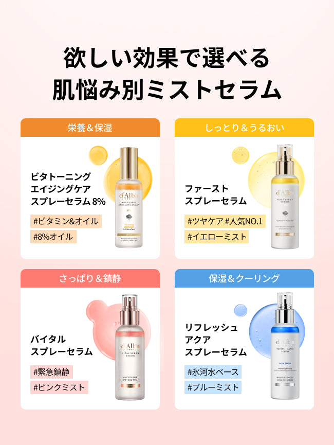 欲しい効果で選べる
肌悩み別ミストセラム

ビタトーニングエイジングケアスプレーセラム8%
