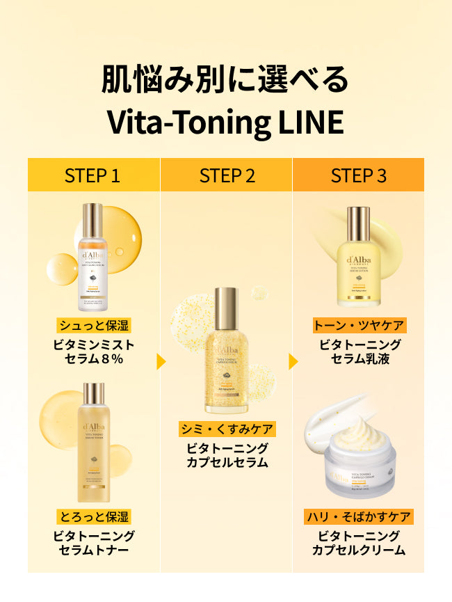 肌悩み別に選べる
Vita-Toning LINE

シュっと保湿
ビタミンミスト
セラム８％

とろっと保湿
ビタトーニング
セラムトナー

シミ・くすみケア
ビタトーニング
カプセルセラム

トーン・ツヤケア
ビタトーニング
セラム乳液

ハリ・そばかすケア
ビタトーニング
カプセルクリーム
