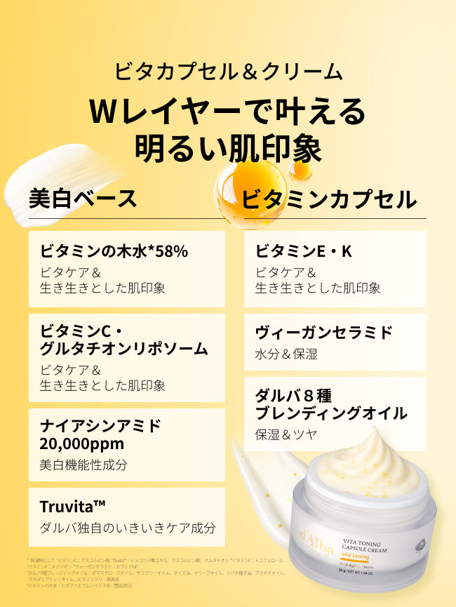ビタカプセル＆クリーム
Wレイヤーで叶える
明るい肌印象

美白ベース

ビタミンの木水*58%
ビタケア＆生き生きとした肌印象

ビタミンC・グルタチオンリポソーム
ビタケア＆生き生きとした肌印象

ナイアシンアミド20,000ppm
美白機能性成分

Truvita™
ダルバ独自のいきいきケア成分

ビタミンカプセル

ビタミンE・K
ビタケア＆生き生きとした肌印象

ヴィーガンセラミド
水分＆保湿

ダルバ８種ブレンディングオイル
保湿＆ツヤ

*¹ 保湿剤として
*ビタミンC：アスコルビン酸
*Truvita™：ヒメコウジ葉エキス、アスコルビン酸、グルタチオン
*ビタミンE：トコフェロール
*ビタミンK：メナジオン
*ヴィーガンセラミド：セラミドNP
*ダルバ8種ブレンディングオイル：ダマスクローズオイル、サフラワーオイル、ダイズ油、オリーブオイル、ツバキ種子油、アボカドオイル、マカダミアナッツオイル、ビタミンツリー果実油
*ビタミンの木水：ヒポファエラムノイデス水（整肌成分）

