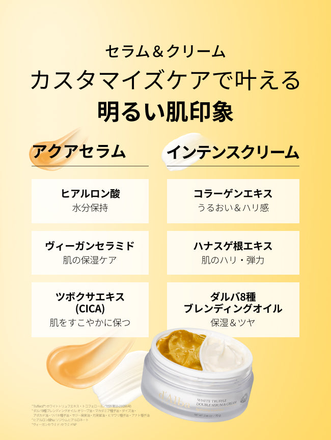 セラム＆クリーム
カスタマイズケアで叶える
明るい肌印象

アクアセラム
ヒアルロン酸
水分保持

ヴィーガンセラミド
肌の保湿ケア

ツボクサエキス
(CICA)
肌をすこやかに保つ

インテンスクリーム
コラーゲンエキス
うるおい＆ハリ感

ハナスゲ根エキス
肌のハリ・弾力

ダルバ8種
ブレンディングオイル
保湿＆ツヤ

* Trufferol™ : ホワイトトリュフエキス・トコフェロール／特許 第10-233266号)

* ダルバ8種ブレンディングオイル : オリーブ油・マカダミア種子油・ダイズ油・アボカド油・ツバキ種子油・サジー果実油・月見草油・ヒマワリ種子油・アナト種子油

* ヒアルロン酸Na : ソジウムヒアルロネート

*ヴィーガンセラミド : セラミドNP
