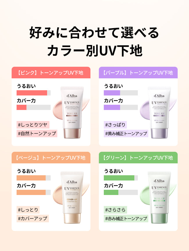 好みに合わせて選べる
カラー別UV下地

【ピンク】トーンアップUV下地
#しっとりツヤ
#自然トーンアップ

【パープル】トーンアップUV下地
#さっぱり
#黄み補正トーンアップ

【ベージュ】トーンアップUV下地
#しっとり 
#カバーアップ

【グリーン】トーンアップUV下地
#さらさら
#赤み補正トーンアップ
