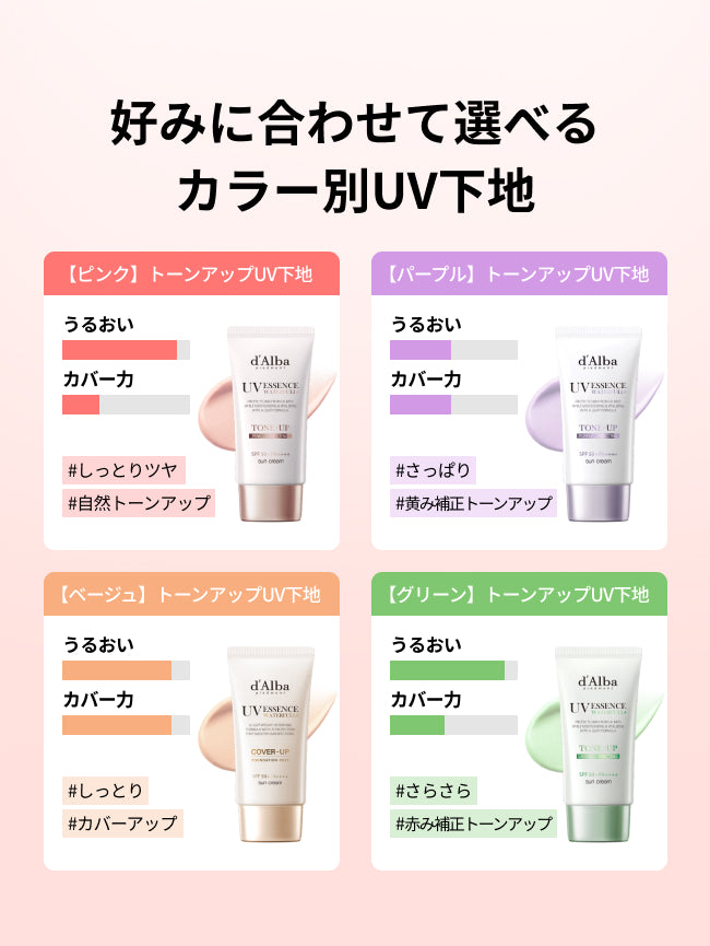 好みに合わせて選べる
カラー別UV下地

【ピンク】トーンアップUV下地
#しっとりツヤ
#自然トーンアップ

【パープル】トーンアップUV下地
#さっぱり
#黄み補正トーンアップ

【ベージュ】トーンアップUV下地
#しっとり 
#カバーアップ

【グリーン】トーンアップUV下地
#さらさら
#赤み補正トーンアップ
