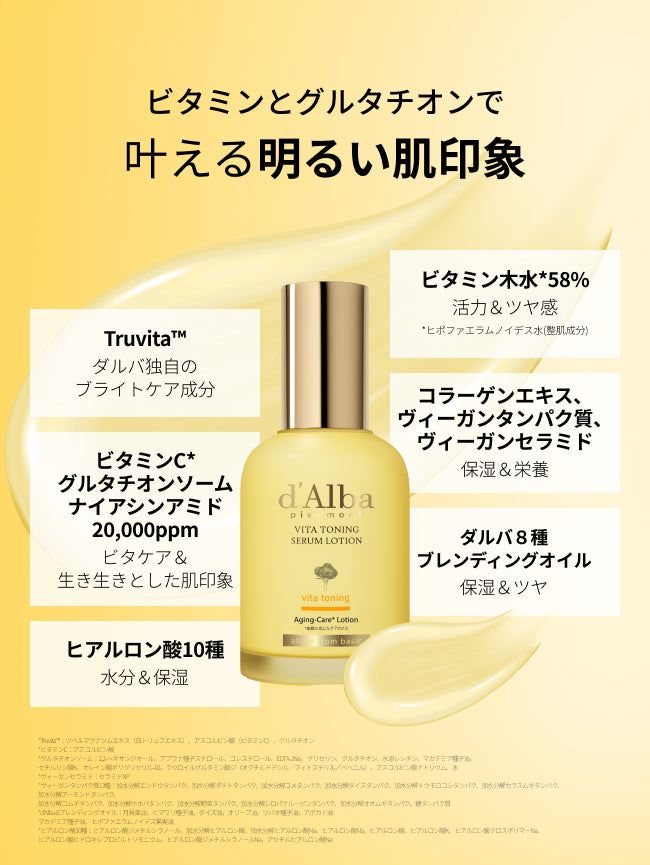 ビタミンとグルタチオンで
叶える明るい肌印象

ビタミンC*グルタチオンソームナイアシンアミド20,000ppm
ビタケア＆生き生きとした肌印象

Truvita™︎
ダルバ独自のいきいきケア成分

ヒアルロン酸10種
水分＆保湿

ビタミンの木水*58%
ビタケア＆生き生きとした肌印象

コラーゲンエキス、ヴィーガンタンパク質、ヴィーガンセラミド
保湿＆栄養

ダルバ８種
ブレンディングオイル
保湿＆ツヤ

*Truvita™：ツベルマグナツムエキス（白トリュフエキス）、アスコルビン酸（ピタミンC）、グルタチオン
*ビタミンC：アスコルビン酸
*グルタチオンソーム：1,2-へキサンジオール、アプラナ種子ステロール、コレステロール、EDTA-2Na， グリセリン、グルタチオン、水添レシチン、マカデミア種子油。
セチルリン酸K、オレイン酸ポリグリセリル-10，ラウロイルグルタミン酸ジ（オクチルドデシル／フィトステリル／ベヘニル），アスコルビン酸ナトリウム、水
*ヴィーガンセラミド：セラミドNP
*ヴィーガンタンパク質13種：加水分解エンドウタンパク、加水分解ポテトタンパク、加水分解コメタンパク、加水分解ダイズタ