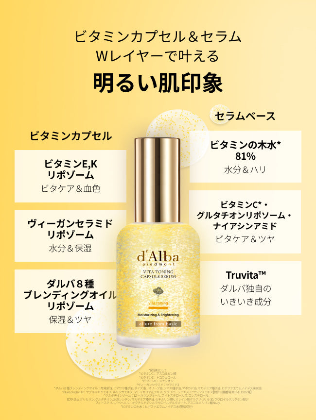 ビタミンカプセル＆セラム
Wレイヤーで叶える
明るい肌印象

ビタミンカプセル
ビタミンE,K
リポゾーム
ビタケア＆血色
ヴィーガンセラミド
リポゾーム
水分＆保湿
ダルバ８種
ブレンディングオイル
リポゾーム
保湿＆ツヤ

セラムベース
ビタミンの木水*
81%
水分＆ハリ
ビタミンC*・
グルタチオンリポソーム・
ナイアシンアミド
ビタケア＆ツヤ
Truvita™
ダルバ独自の
いきいき成分
